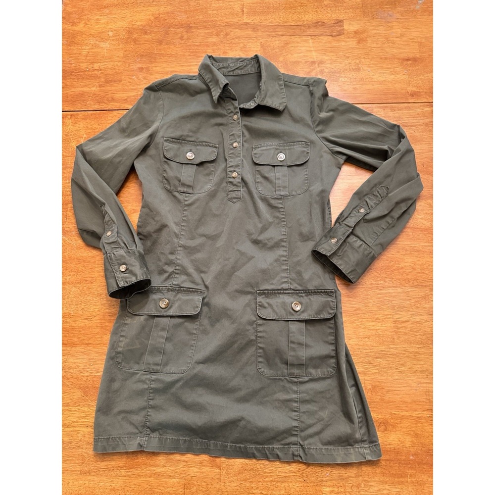 Old Navy Shirt Dress Green S/m Bust 36” Military Long Sleeve Chino Army Grunge